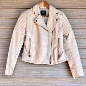 New York & Company Moto Faux Leather Jacket in Beige/Ivory Size XS